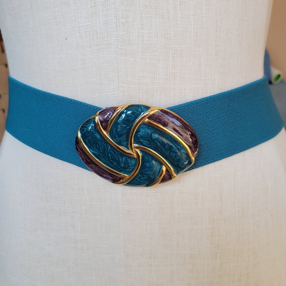 1980s Teal Stretch Belt with Teal/Plum Enamel Buckle. Excellent Vintage. M/L - Picture 3 of 10